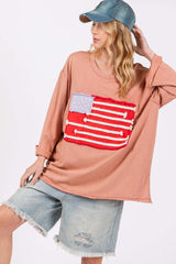 Indian Pink American Flag Patch Long Sleeve Drop Shoulder T-Shirt, SAGE + FIG, A Moment Of Now