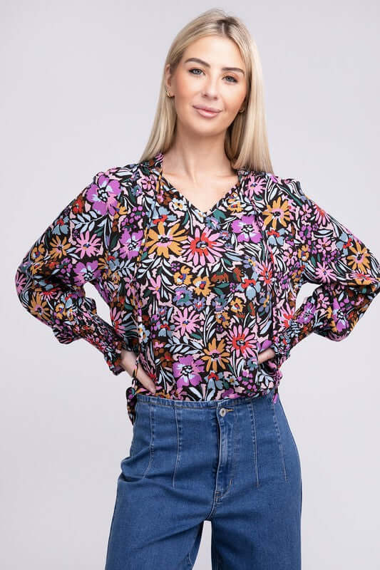 Purple Floral Print Tie V Neck Blouse, Nuvi Apparel, $ 38.95