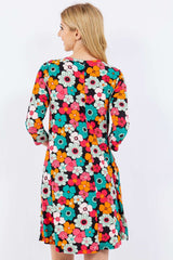 Black Floral Three-Quarter Sleeve Midi Dress with Pockets, Celeste, A Moment Of Now