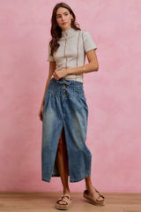 SO ME Pleated Washed Denim Skirt With Front Slit | Boutique In USA, Skirts, $ 69.00, A Moment Of Now™