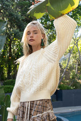 Cream White Cable Knit Cutout Long Sleeve Sweater, POL, $ 49.00