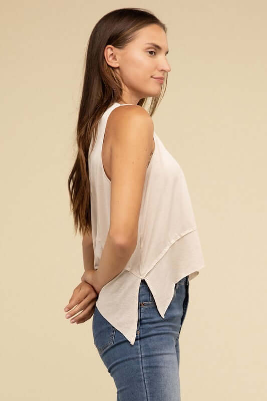 Women's Shark Bite Side Slit Short Sleeveless Top | USA Boutique, ZENANA, $ 25.95