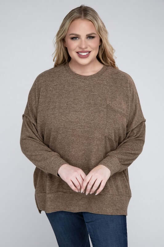 Plus Size Brushed Melange Drop Shoulder Sweater, ZENANA, $ 28.95