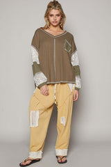 Olive Green V-Neck Long Lace Balloon Sleeve Exposed Seam Top, POL, $ 59.00