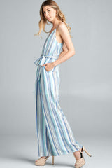 Blue Tie Front Striped Sleeveless Jumpsuit, Cotton Bleu by Nu Label, $ 45.00