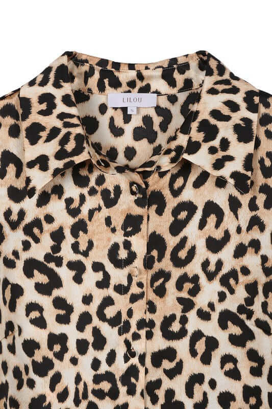 Brown Satin Leopard Long Sleeve Collared Blouse Shirt, Lilou, A Moment Of Now