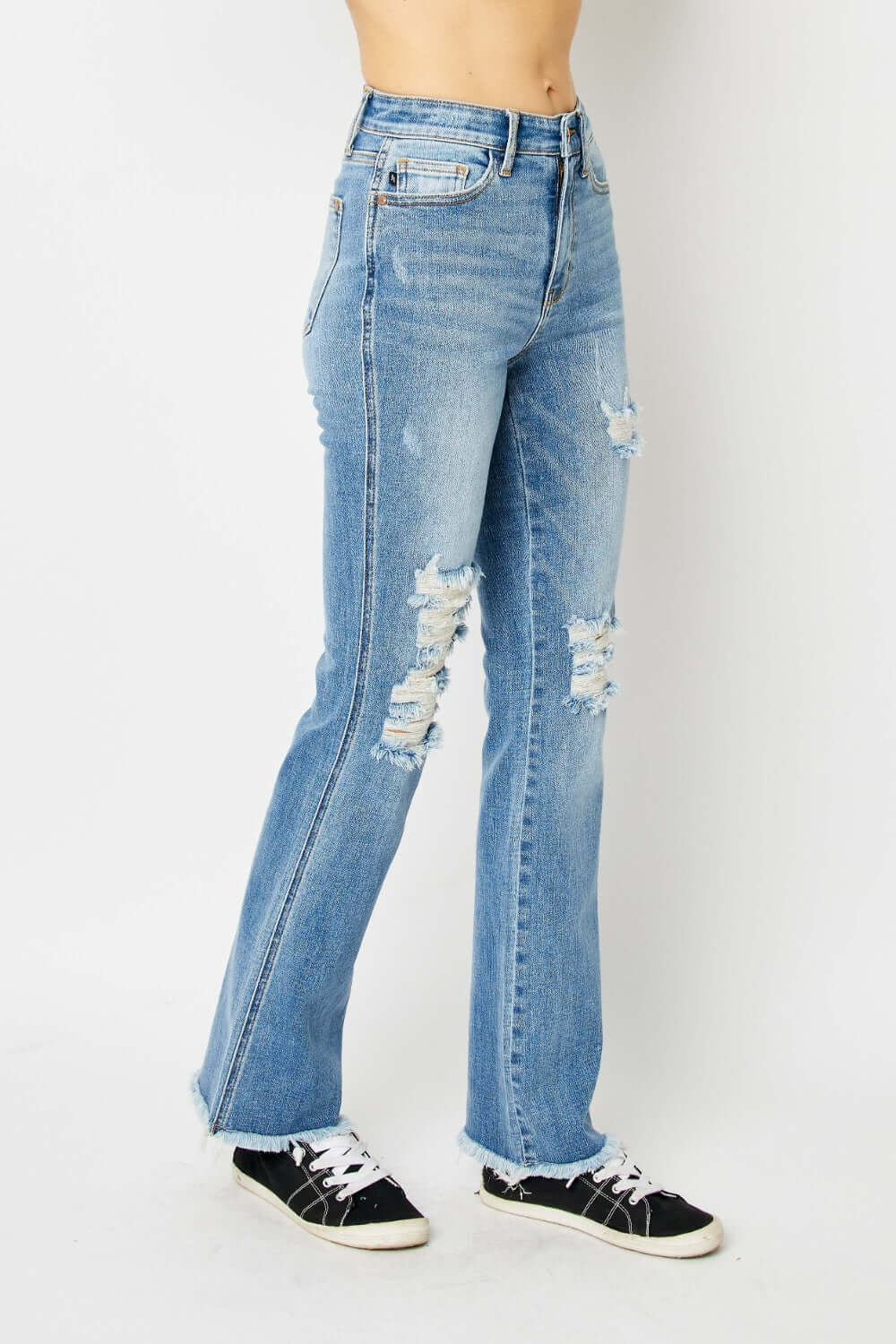 Judy Blue Medium Blue Distressed Raw Hem Bootcut Jeans, Judy Blue, $ 69.00