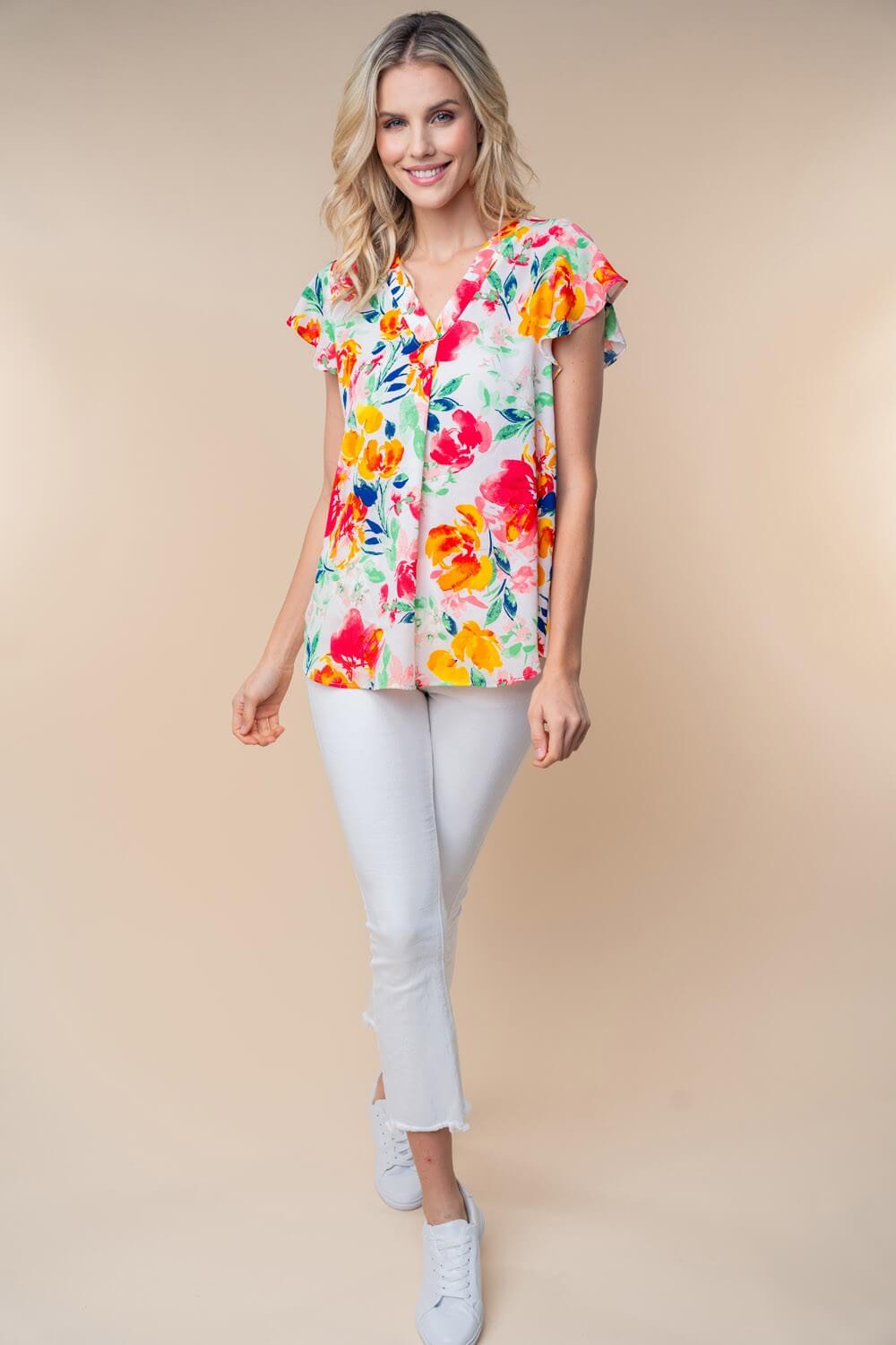 Colorful Plus Size Short Sleeve Floral Woven Top, White Birch, A Moment Of Now