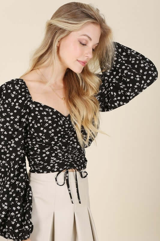 Black Ruched Floral Print Crop Top with Puff Sleeves, Lilou, $ 33.95