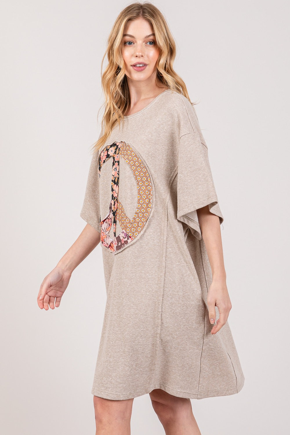 Oatmeal Peace Sign Applique Short Sleeve Tee Dress