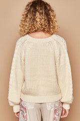 Cream White Cable Knit Cutout Long Sleeve Sweater, POL, $ 49.00