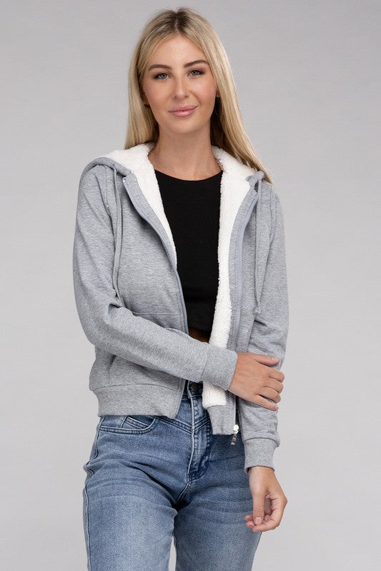 Fuzzy Trim Zip-Up Crop Hoodie Jacket