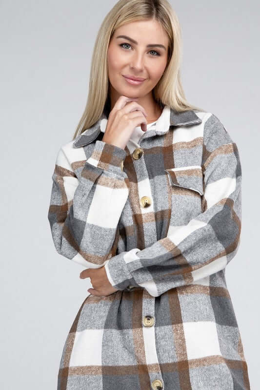 Grey White Plaid Flap Pocket Drop Shoulder Long Shirt, Nuvi Apparel, $ 48.95