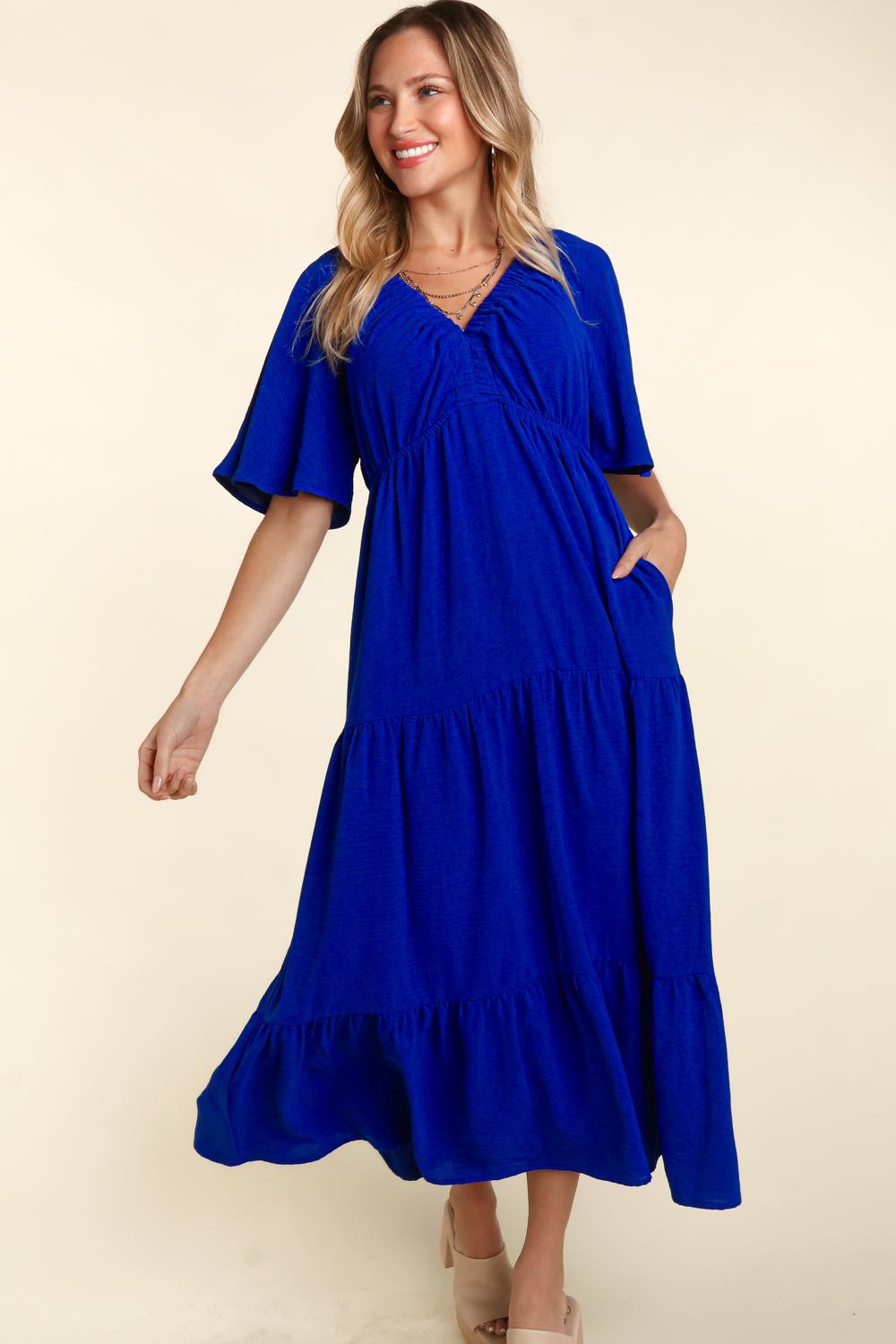 Royal Blue Tiered Babydoll Maxi Dress with Side Pocket