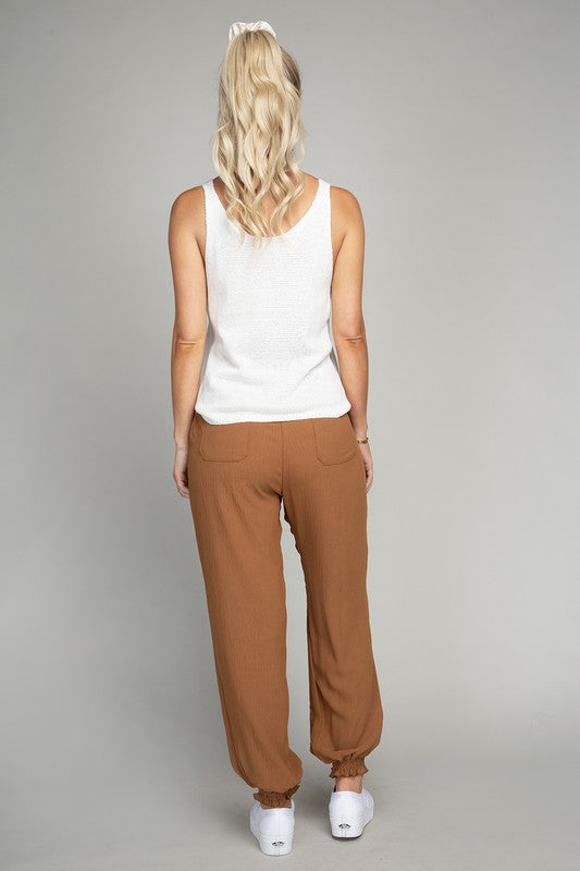 Brown Crinkled Jogger Pants with Pockets