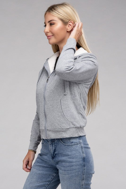 Fuzzy Trim Zip-Up Crop Hoodie Jacket