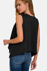 Black Exposed Seam Slit Round Neck Tank Top, Zenana, A Moment Of Now