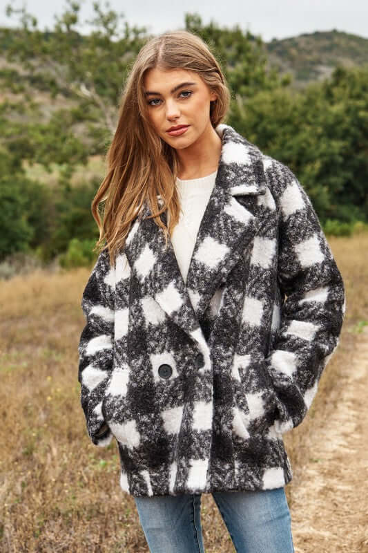 Shop Women's Fuzzy Boucle Textured Double Breasted Plaid Coat Jacket, Coats, USA Boutique