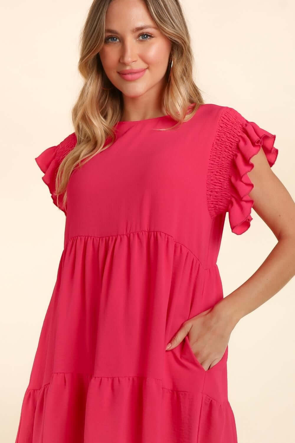 Fuchsia Smocking Ruffle Short Sleeve Dress with Pockets, Haptics, A Moment Of Now