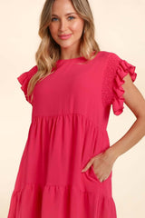 Fuchsia Smocking Ruffle Short Sleeve Dress with Pockets, Haptics, A Moment Of Now