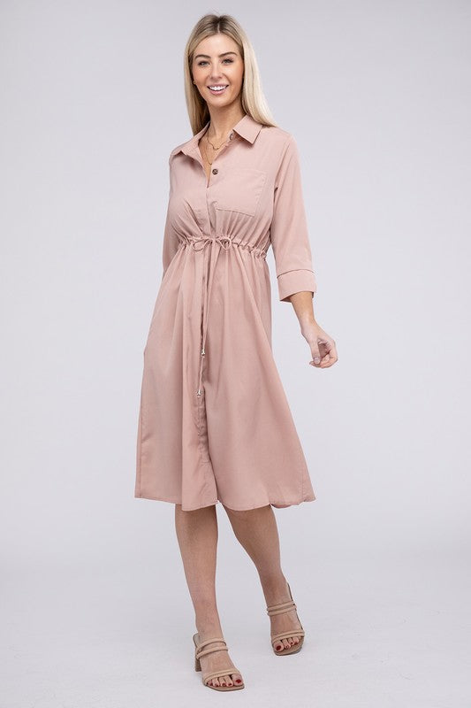 Shop Rosy Pink Collared Drawstring Waist Shirt Dress, Dresses, USA Boutique