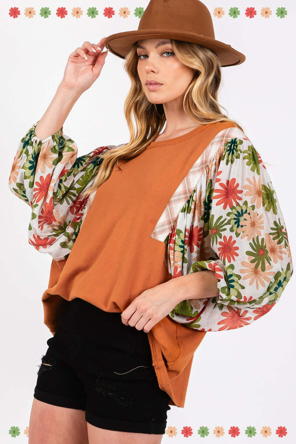 Caramel Printed Balloon Sleeve Contrast Top, SAGE + FIG, $ 55.00