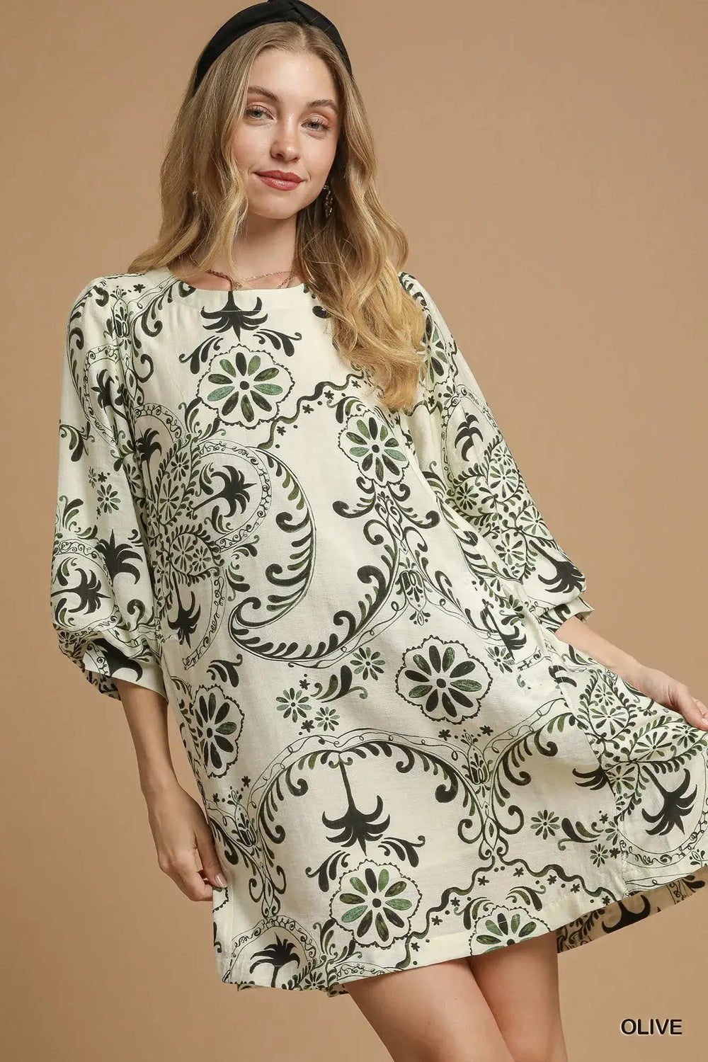 Olive Green Boho Printed Balloon Sleeve Mini Dress, Dresses, $ 62.00, A Moment Of Now™