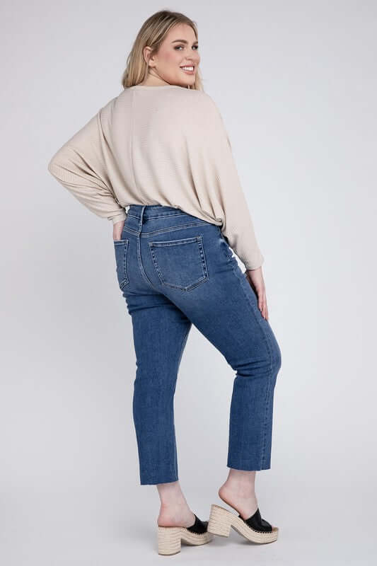 Plus Size Medium Stone Wash High Rise Slim Straight Jeans