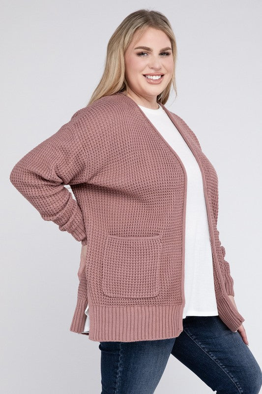 Shop Plus Size Low Gauge Waffle Open Cardigan Sweater For Women, Cardigans, USA Boutique
