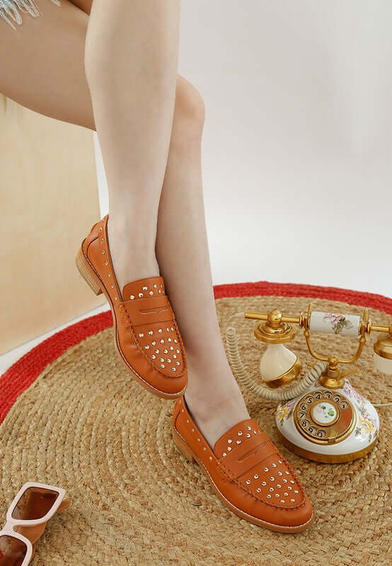 Oglavia Studs Embellished Leather Loafers - Bold Style, Loafers, $ 109.00, A Moment Of Now™