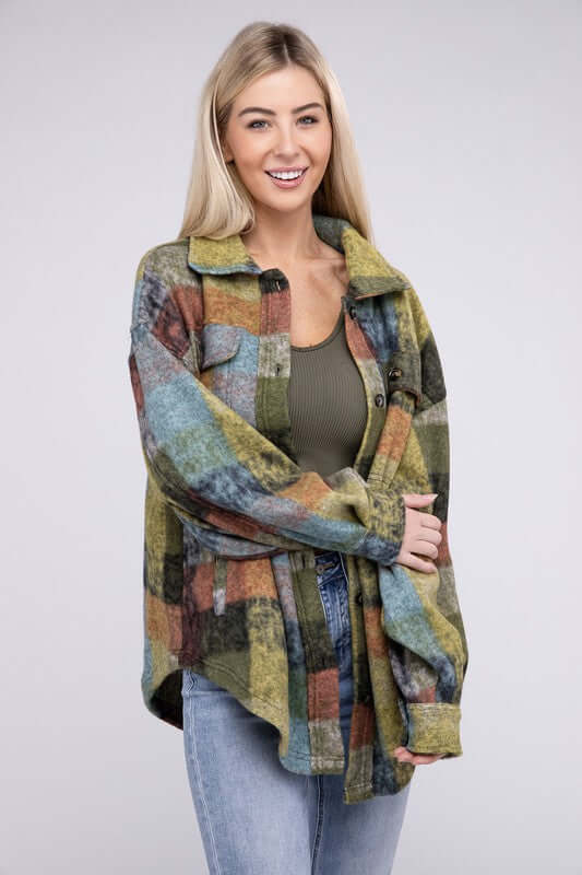 Women's Loose Fit Buttoned Down Check Shirt Jacket Plaid Shacket, BiBi, $ 55.00