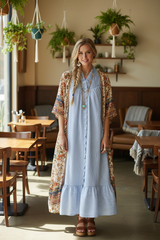 Light Blue Stripe Smocked Yoke Ruffle Dress