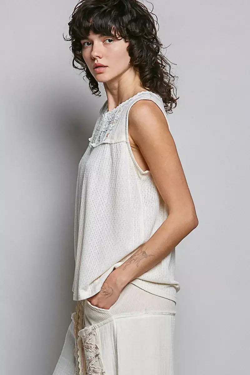 Off White Lace Detail Double Gauze Patch Sleeveless Top Boho Fashion, Tank Tops, $ 59.00, A Moment Of Now™