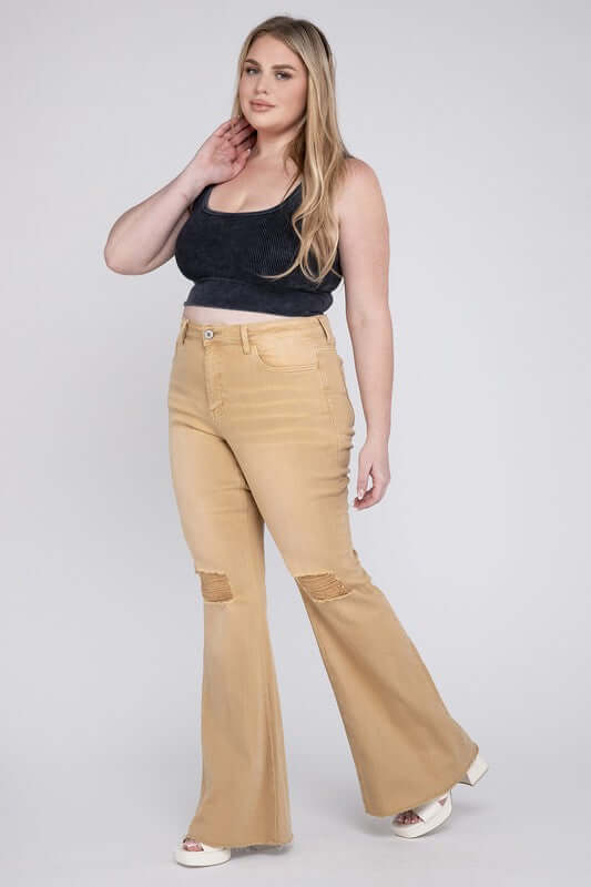 Plus Size Sand High Rise Distressed  Flare Jeans