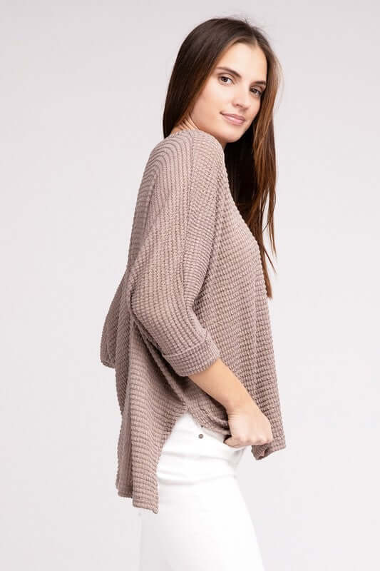 3/4 Sleeve V-Neck Hi-Low Hem Jacquard Sweater, ZENANA, $ 24.95