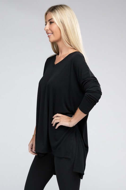 Dolman Long Sleeve V-Neck Side Slit Hi-Low Hem Top, ZENANA, $ 19.00