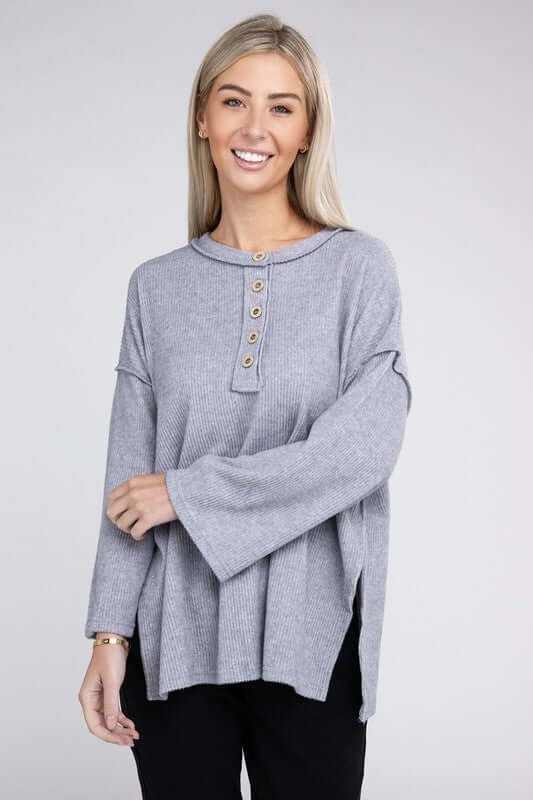 Ribbed Brushed Melange Hacci Henley Sweater, ZENANA, $ 29.00