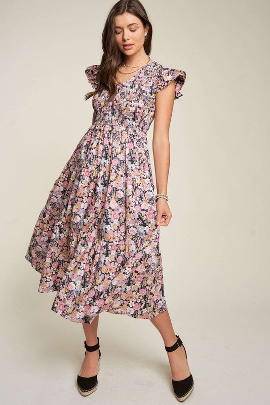 Shop Vintage Garden Floral Print Flutter Smocking Midi Dress | USA Boutique, Dresses, USA Boutique