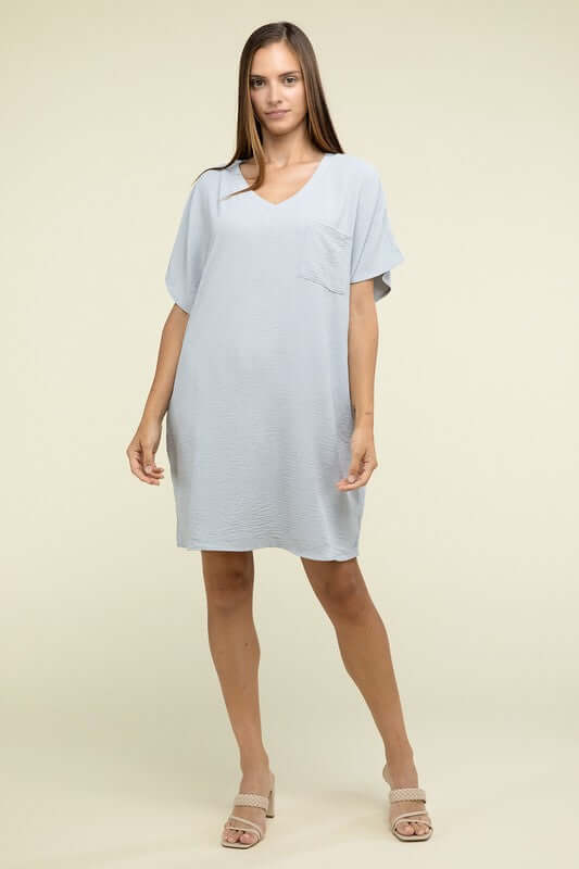 Causal Woven Airflow V Neck T-Shirt Dress with Pockets, ZENANA, A Moment Of Now