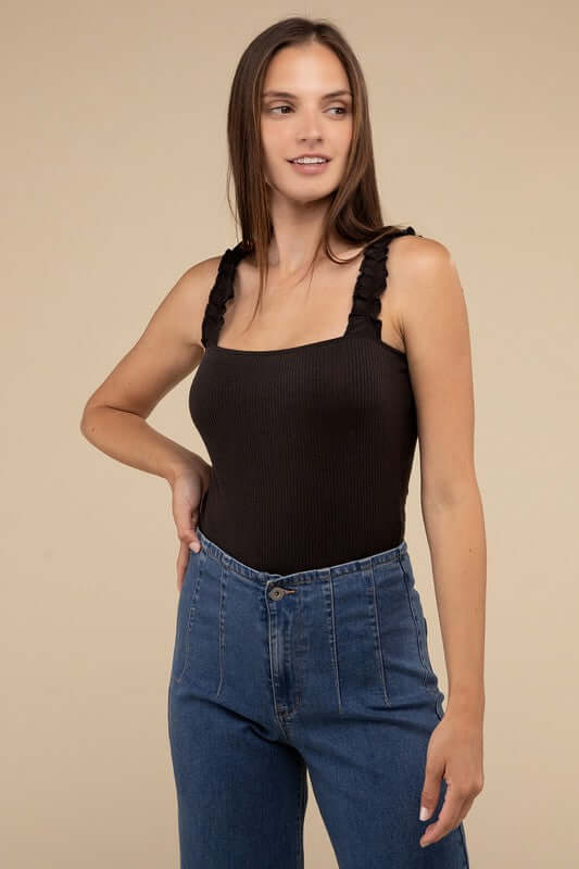 Ribbed Ruffle Strap Bodysuit, HYFVE, $ 31.95