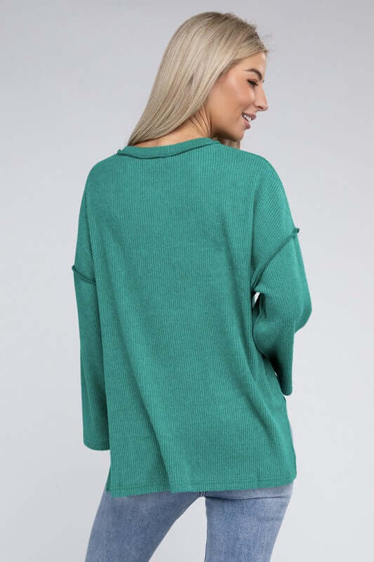 Ribbed Brushed Melange Hacci Henley Sweater, ZENANA, $ 29.00