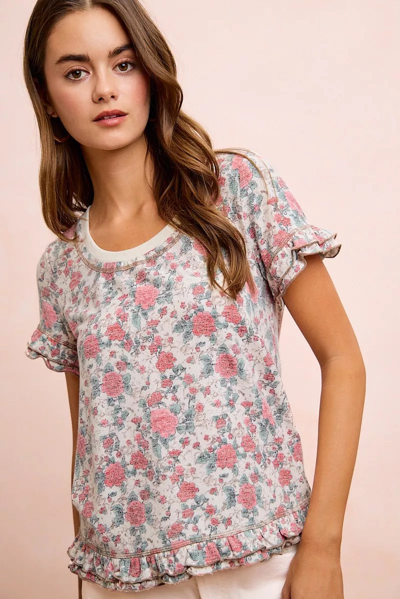 Rose Printed Slub Knit Ruffled Sleeves Top | Boutique In USA, Blouses, $ 39.00, A Moment Of Now™