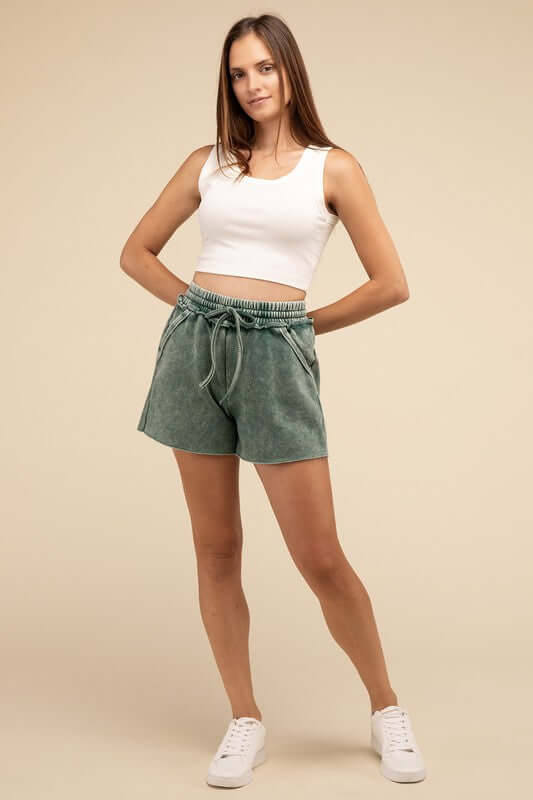 Acid Wash Fleece Drawstring Shorts with Pockets, ZENANA, A Moment Of Now