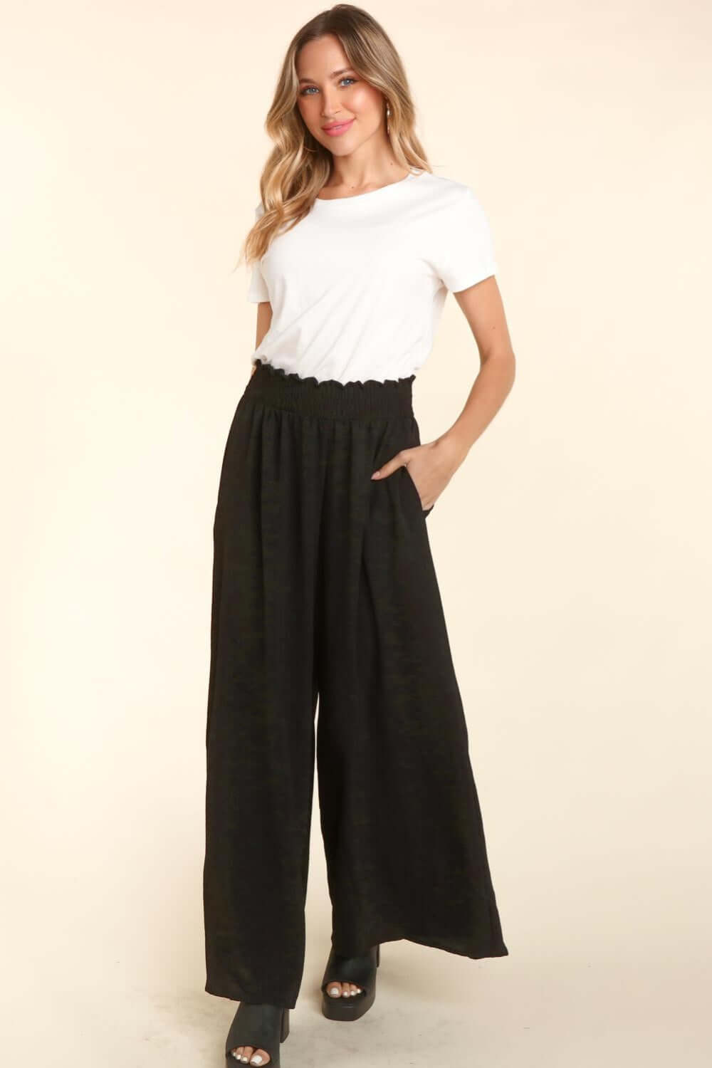 Black Elastic Waist Wide Leg Pants with Pockets, Haptics, $ 48.00