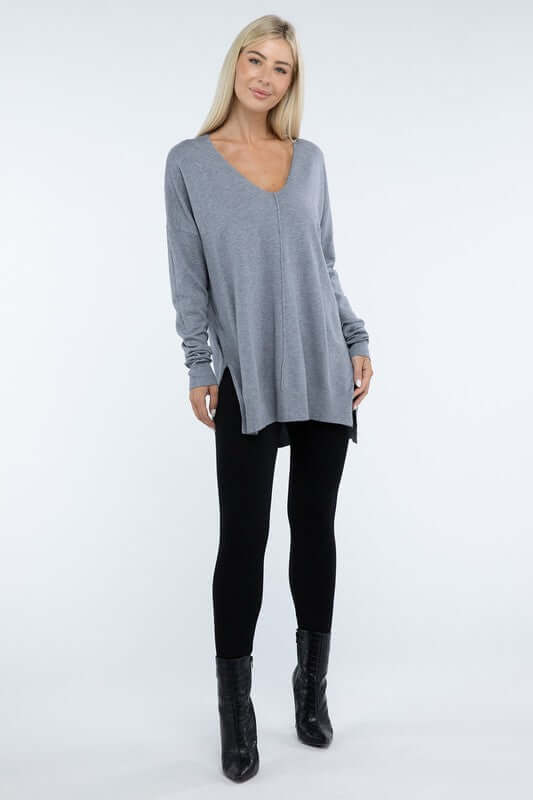 Women's Hi-Low Hem V Neck Front Seam Sweater | USA Boutique, ZENANA, $ 55.00