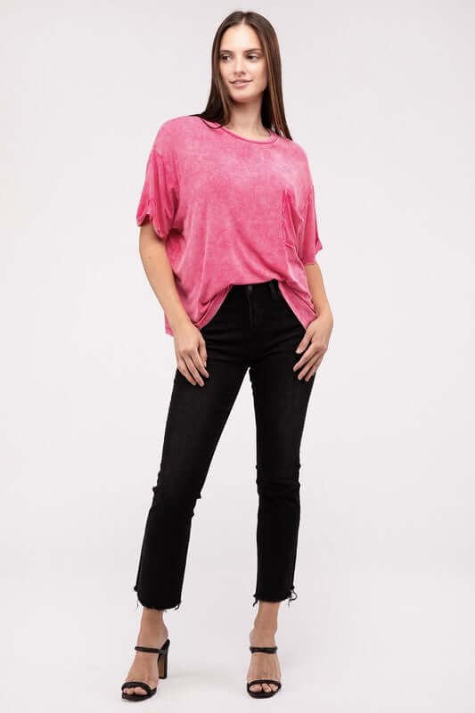 Washed Ribbed Cuffed Short Sleeve Round Neck Top, ZENANA, $ 32.95