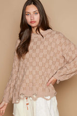 Mocha Checkered Distressed Edge Sweater, POL, $ 49.00