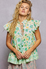 Mint Green Floral Flutter Sleeve Blouse | Tassel Tie Neck, Blouses, $ 60.00, A Moment Of Now™