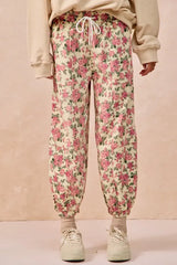 Cream Pink Floral Printed Twill Drawstring Pants | Online Boutique USA, Pants, $ 57.00, A Moment Of Now™