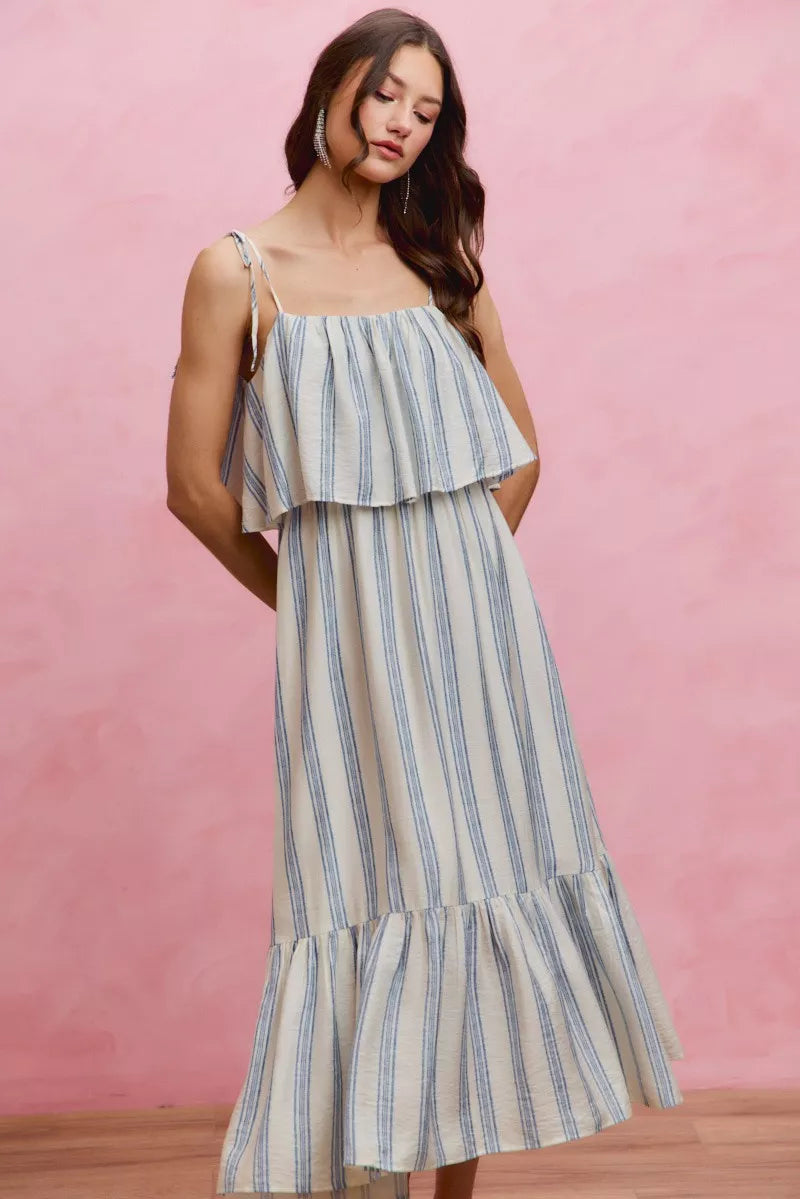 Stripe Tiered Shoulder Tie Midi Lined Dress | Boutique In USA, Dresses, $ 59.00, A Moment Of Now™